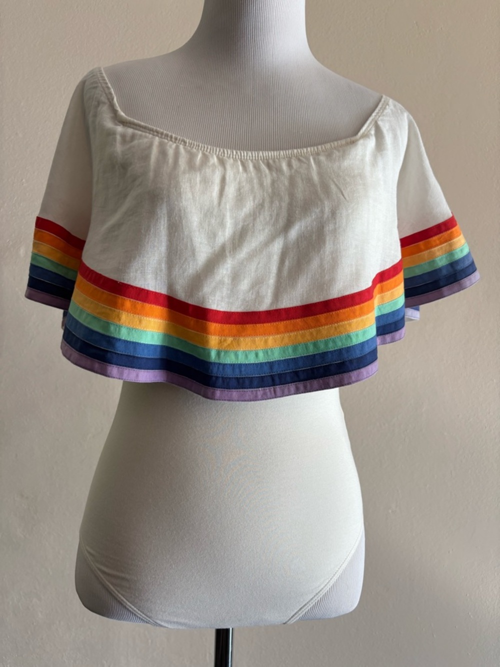 Off-Shoulder White Crop Top with Rainbow Stripe Trim